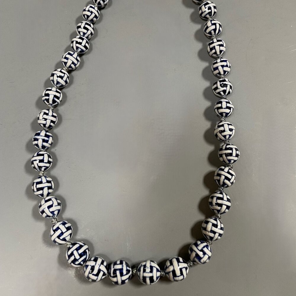 Ceramic Bead Necklace Blue and White Geometric Pattern